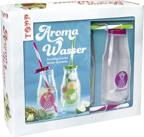 Kreativ-Set Aroma-Wasser: Buch mit Grundlagen und 24 Rezepten sowie zwei Glasflaschen mit Deckeln und Strohhalmen (Buch plus Material)